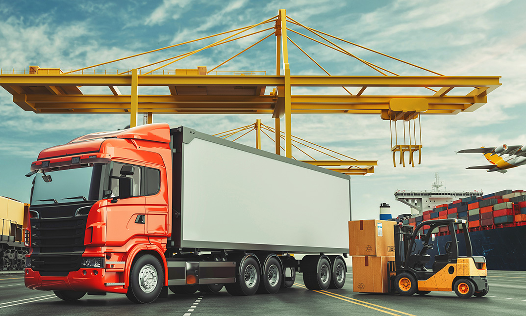 System transport and logistics of truk container cargo ship and cargo plane. 3d rendering and illustration.